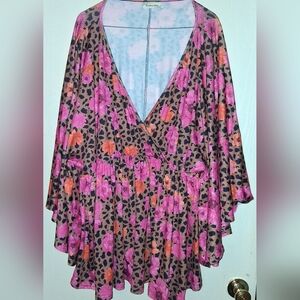 Floral V-Neck Blouse - Pink and Orange